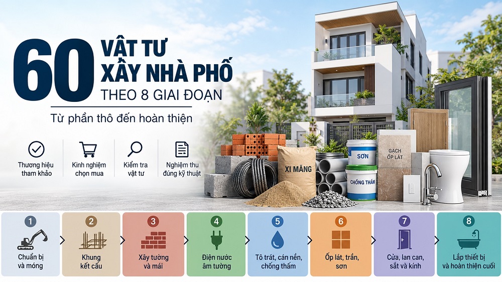 60 vật tư xây nhà phố theo 8 giai đoạn: Từ phần thô đến hoàn thiện