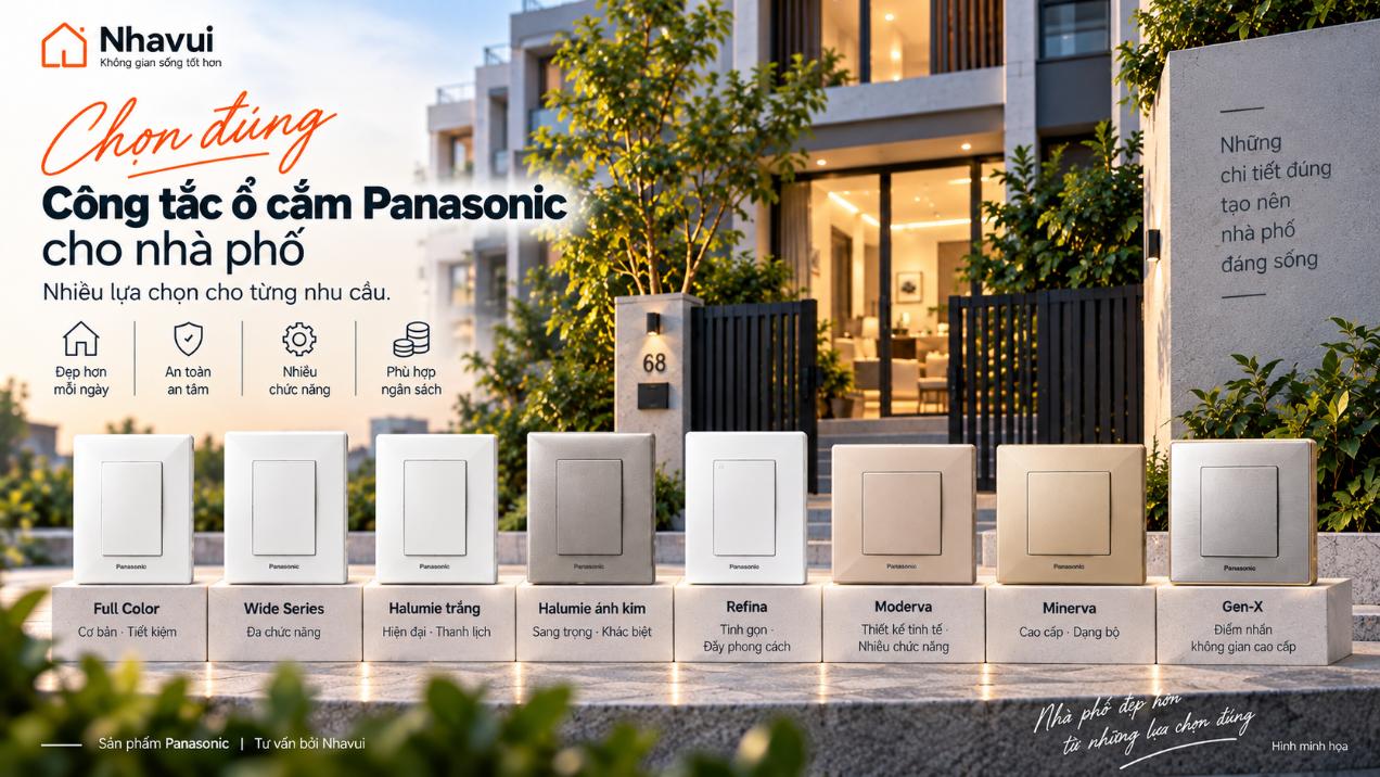 Các dòng công tắc ổ cắm Panasonic cho nhà phố – So sánh Full Color, Wide, Halumie, Refina, Moderva, Minerva và Gen-X