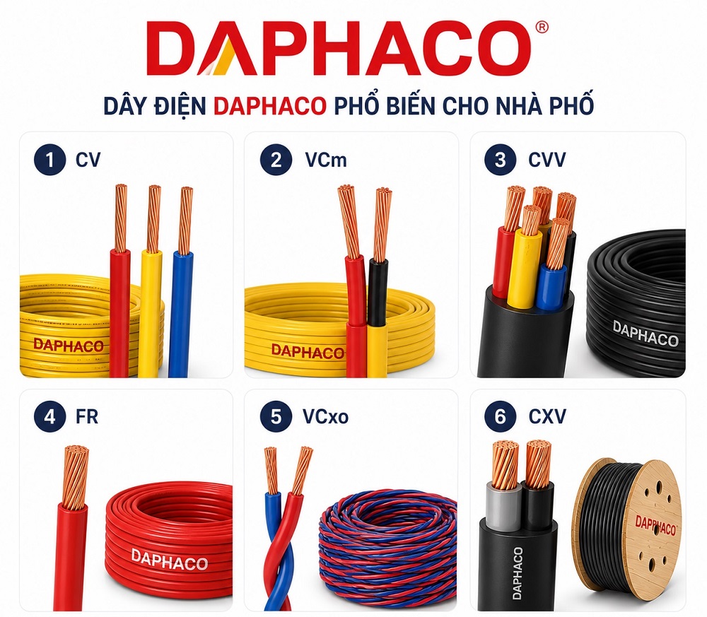 Các loại dây điện Daphaco phổ biến cho nhà phố và tiết diện thông dụng