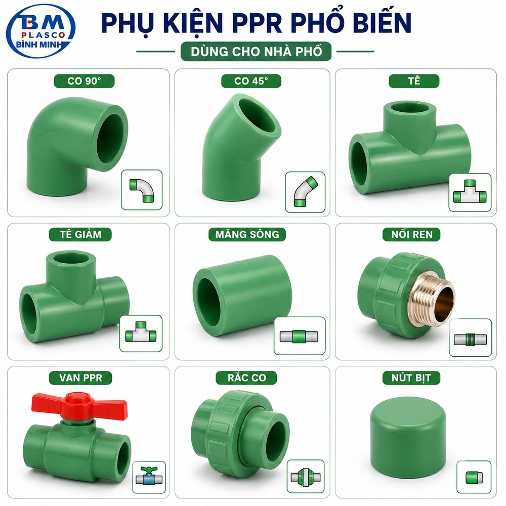 Các loại phụ kiện PPR phổ biến cho nhà phố và công dụng từng loại