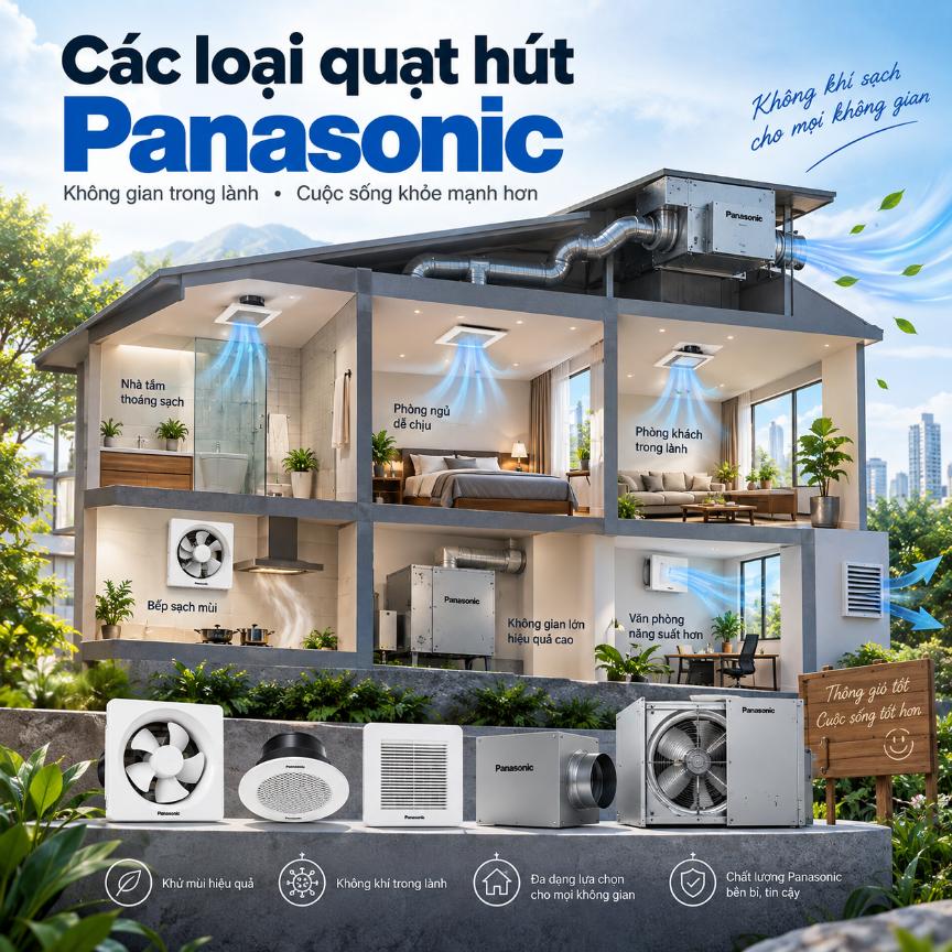 Các loại quạt hút Panasonic: Âm trần, gắn tường, nhà tắm và Cabinet