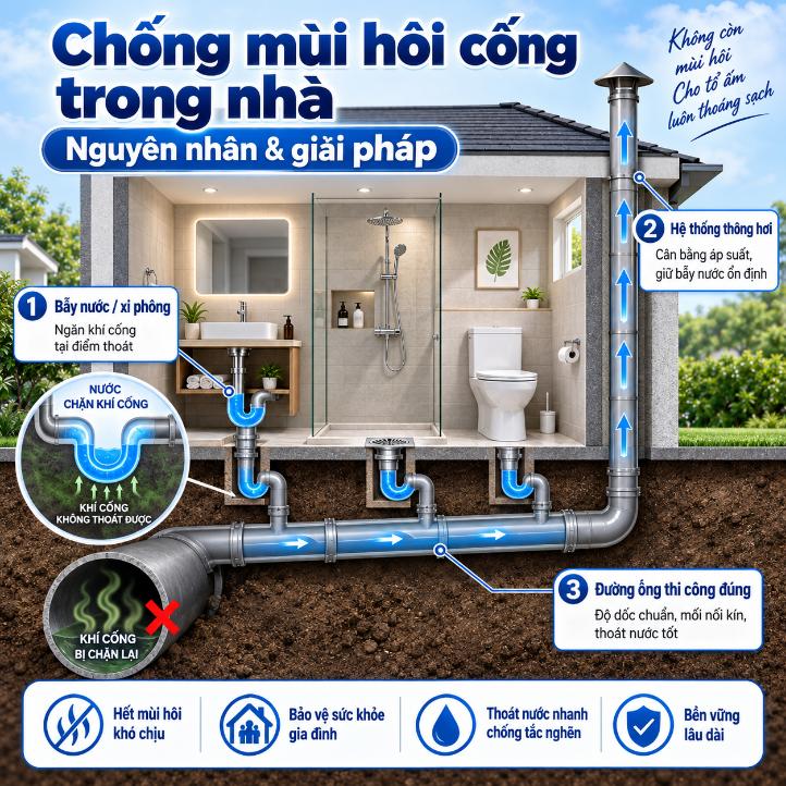 Chống mùi hôi cống trong nhà — Nguyên nhân & giải pháp