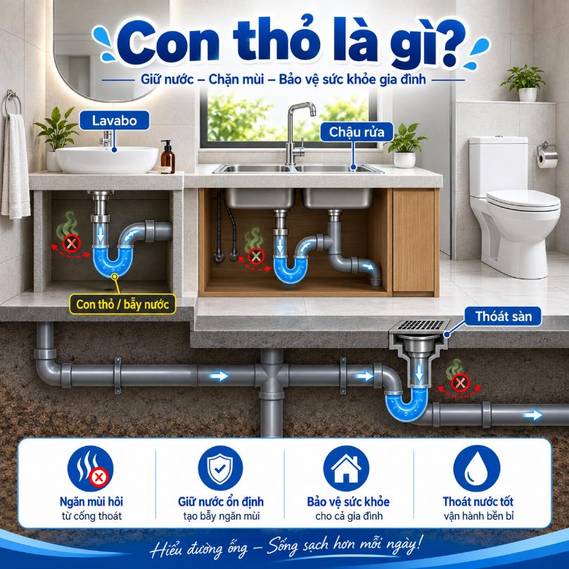 Con thỏ là gì? Ứng dụng, vị trí và cách lắp trong hệ thống thoát nước