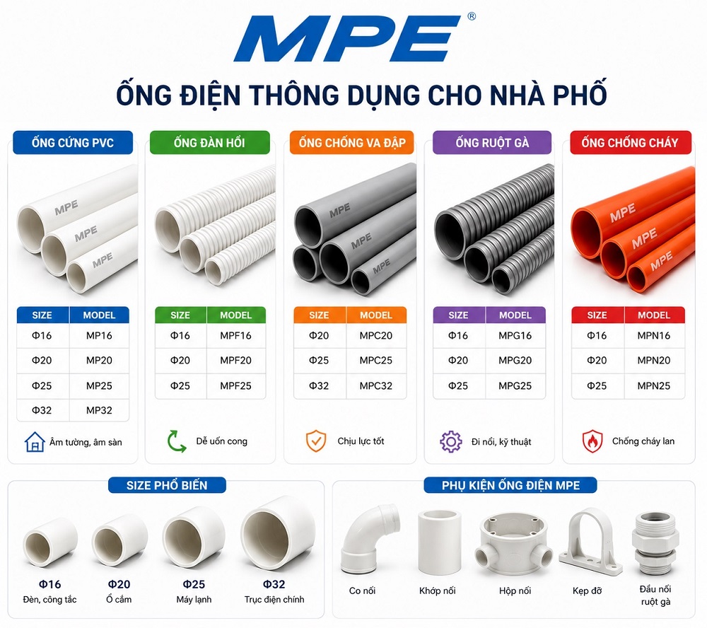 Ống điện MPE thông dụng cho nhà phố và các seri phổ biến
