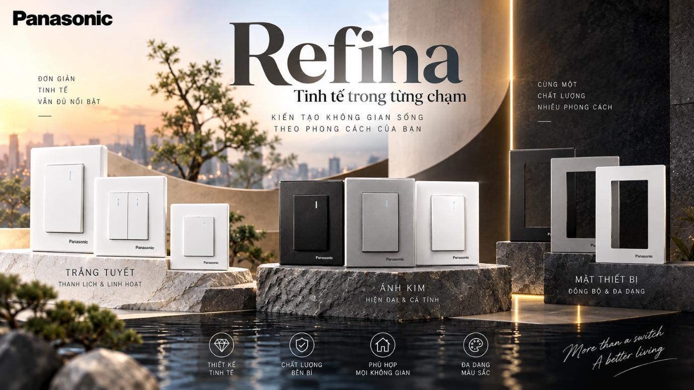 Panasonic Refina: Công tắc trắng tuyết, ánh kim và mặt thiết bị đồng bộ