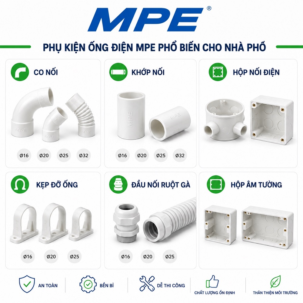 Phụ kiện ống điện MPE phổ biến cho nhà phố và công dụng từng loại