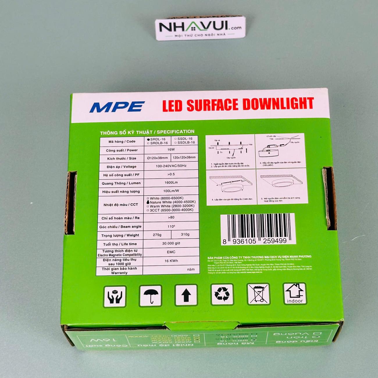 Đèn LED ốp nổi tràn viền MPE Seri SRDL mặt tròn