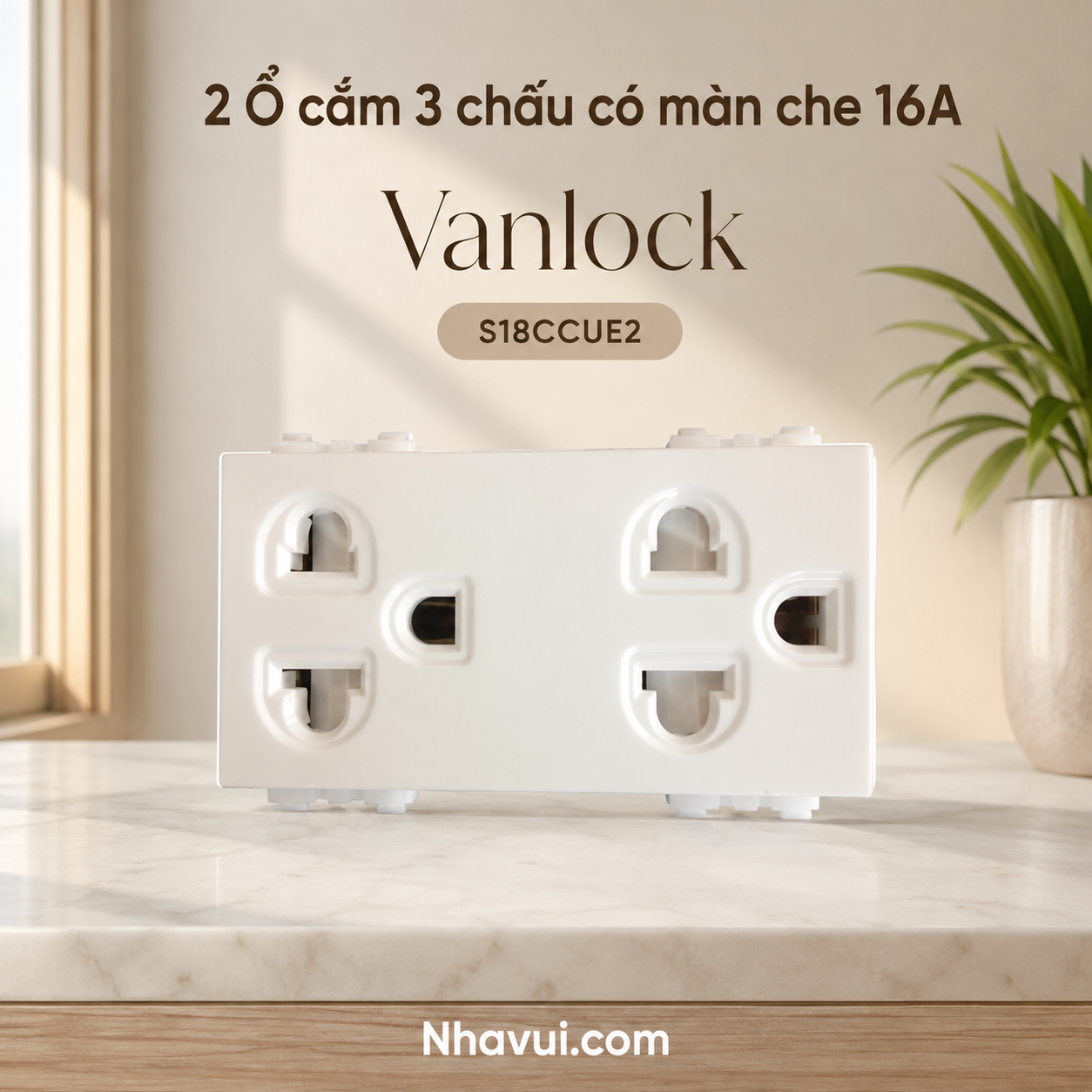 2 ổ cắm 3 chấu có màn che 16A Sino S18CCUE2