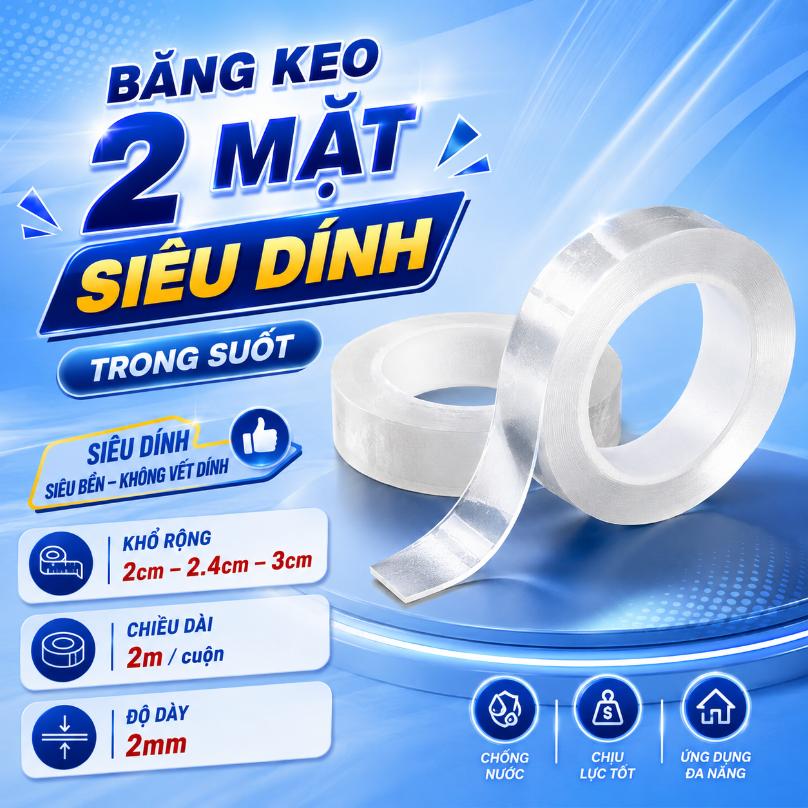 Băng keo 2 mặt siêu dính trong suốt