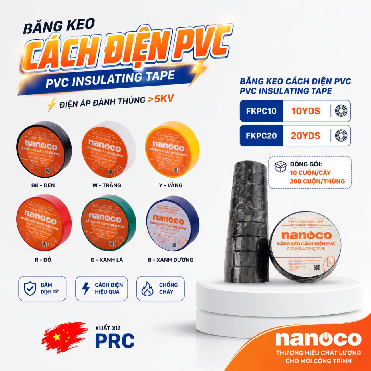 Băng keo cách điện PVC Nanoco FKPC10 và FKPC20