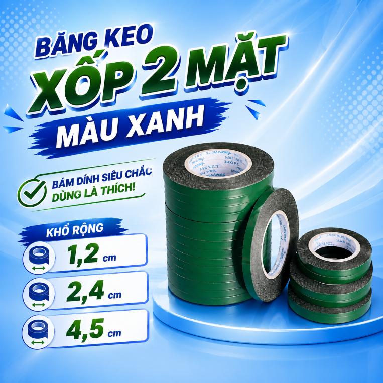 Băng keo xốp 2 mặt màu xanh
