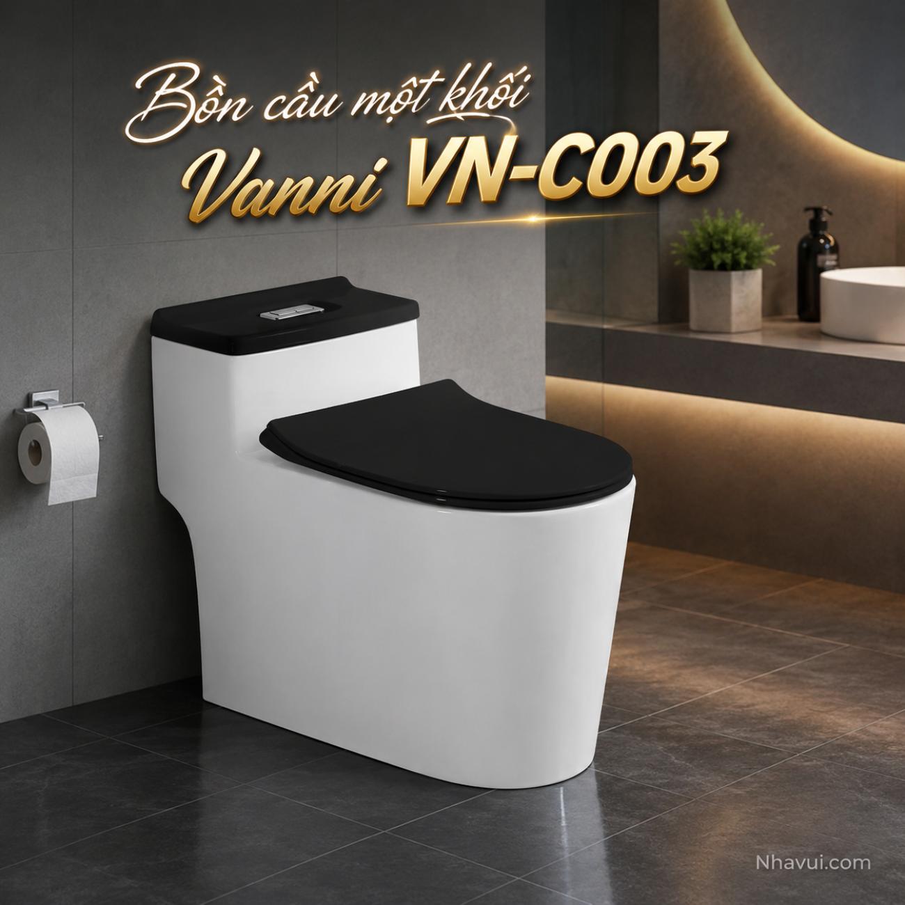 Bồn cầu một khối Vanni VN-C003 trắng đen men tuyết phủ nano kháng khuẩn