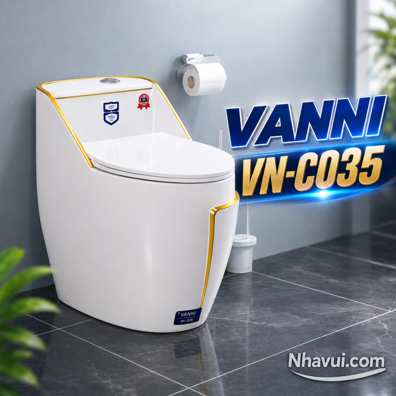 Bồn cầu một khối Vanni VN-C035 trắng viền vàng men tuyết phủ nano kháng khuẩn
