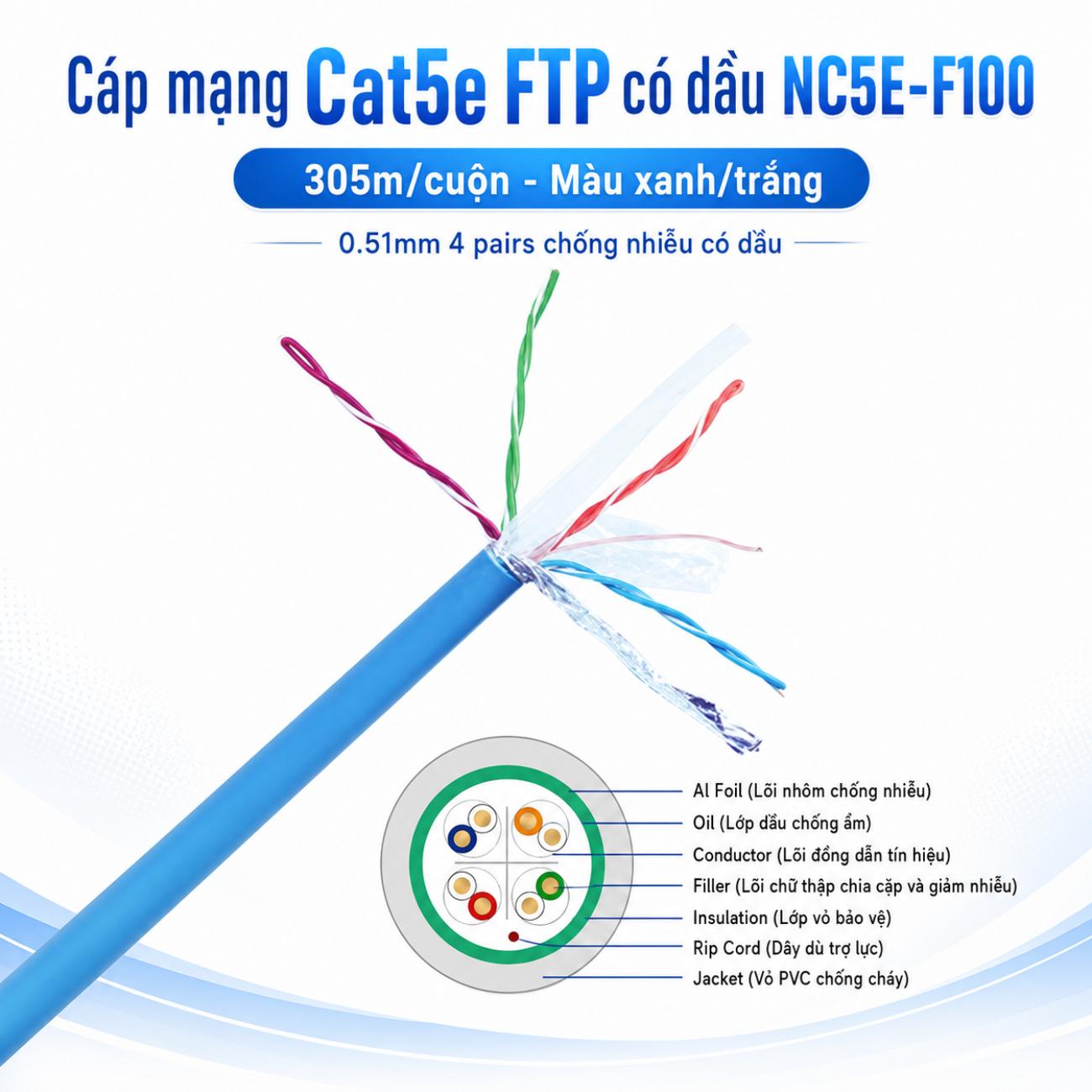 Cáp mạng Cat5e FTP NC5E-F100 305m màu xanh trắng chống nhiễu có dầu