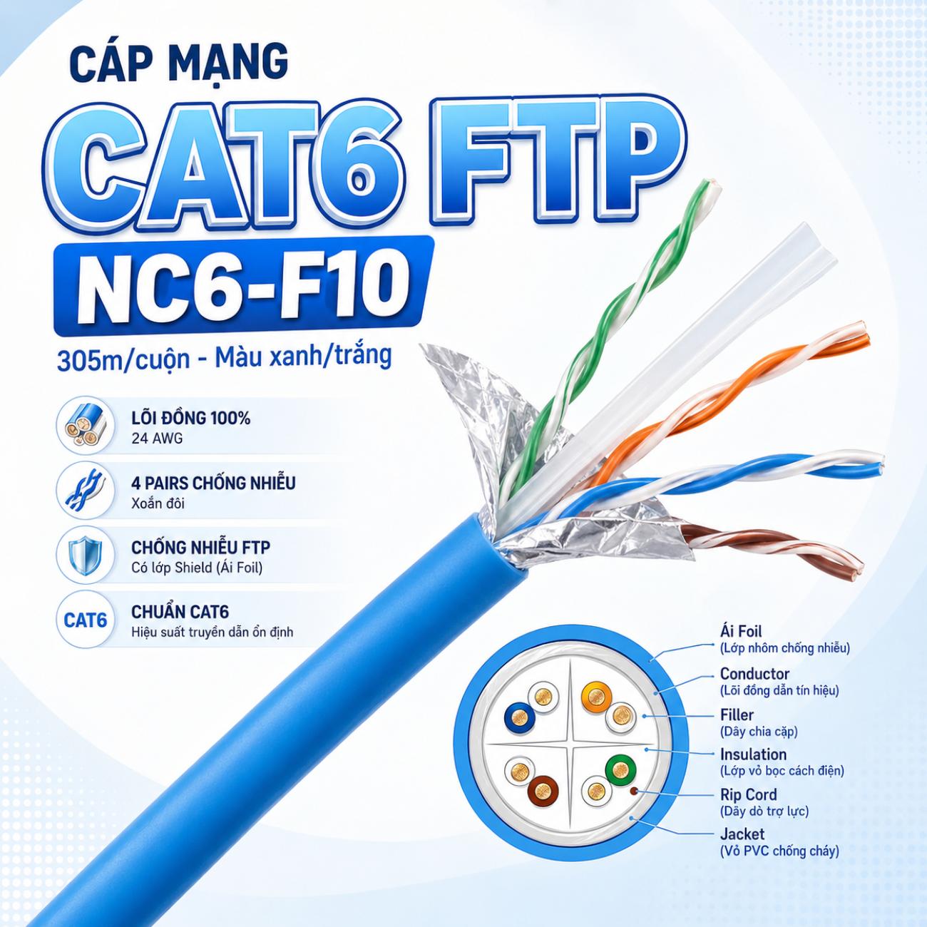 Cáp mạng Cat6 FTP NC6-F10 305m màu xanh/trắng chống nhiễu