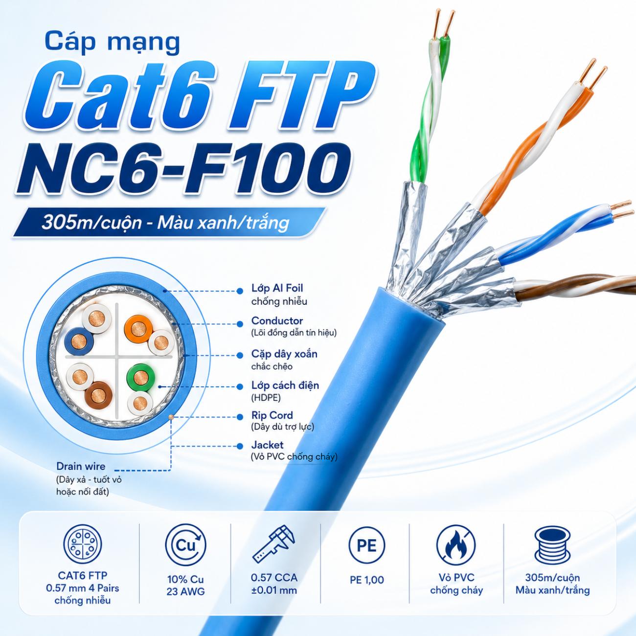Cáp mạng Cat6 FTP NC6-F100 305m màu xanh/trắng chống nhiễu