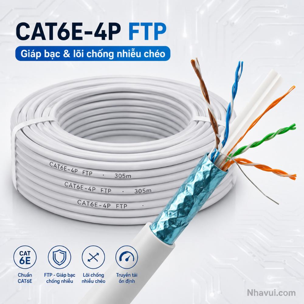 Cáp mạng CAT6E-4P FTP 4 đôi có giáp bạc chống nhiễu và lõi chống nhiễu chéo