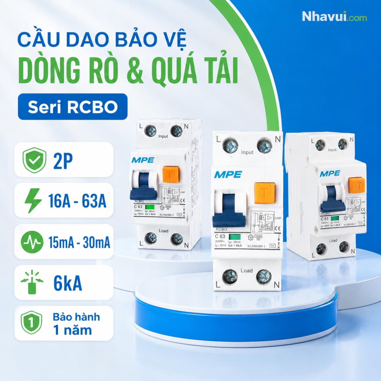 Cầu dao bảo vệ dòng rò & quá tải MPE Seri RCBO 2P dòng định mức 16A–63A