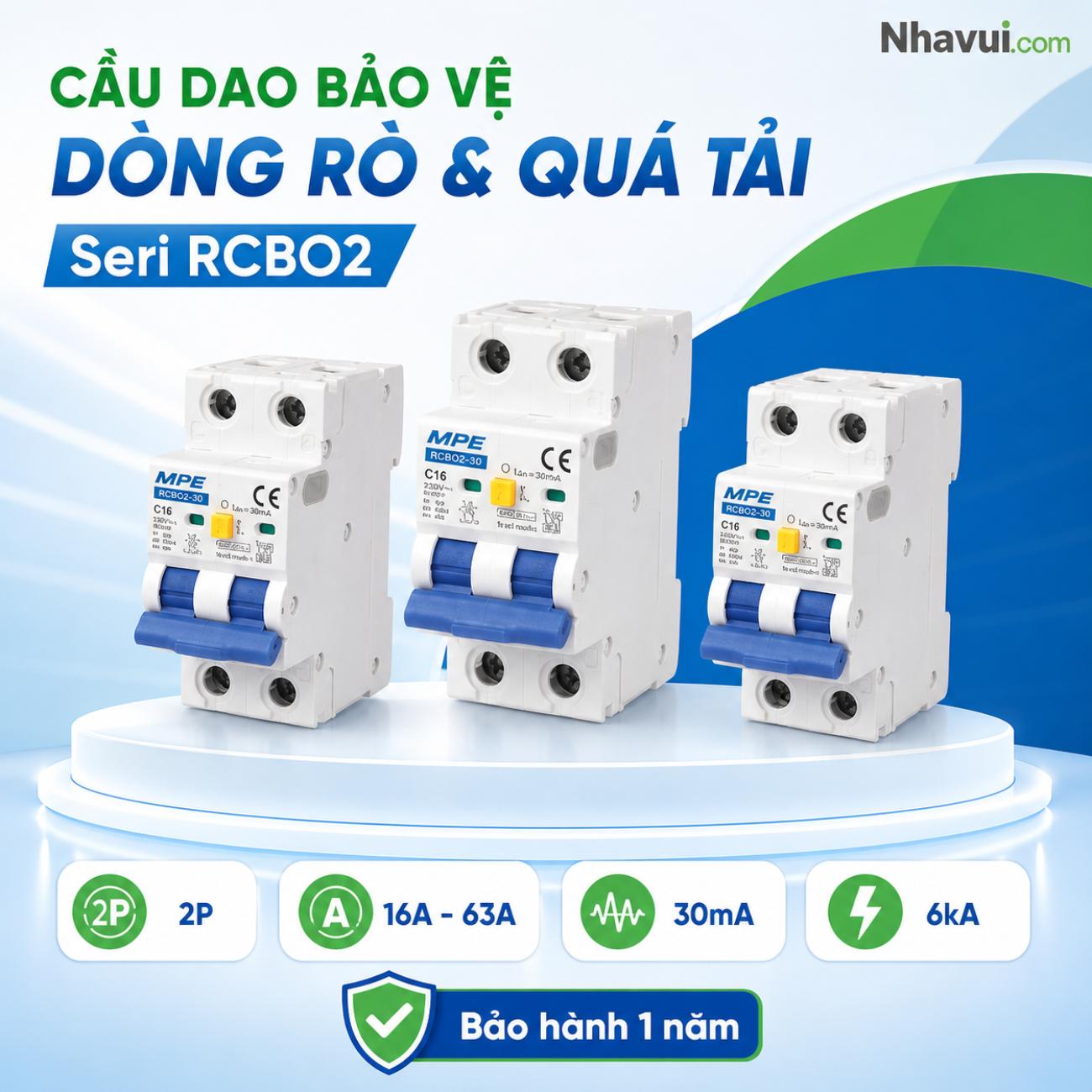 Cầu dao bảo vệ dòng rò & quá tải MPE Seri RCBO2 2P dòng định mức 16A–63A