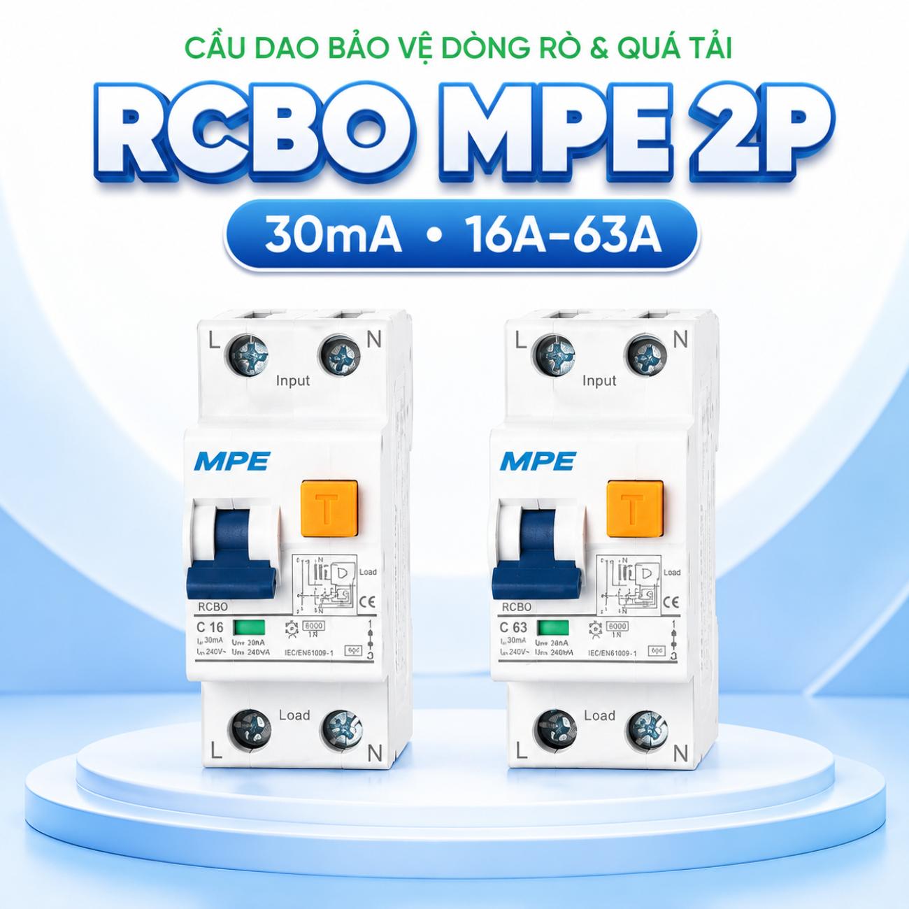 Cầu dao bảo vệ dòng rò & quá tải RCBO MPE 2P 6kA 16A–63A 30mA