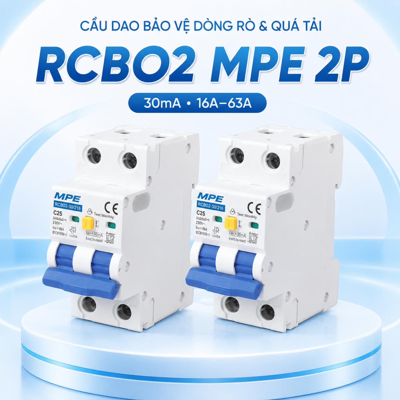 Cầu dao bảo vệ dòng rò & quá tải RCBO2 MPE 2P  6kA 16A–63A 30mA