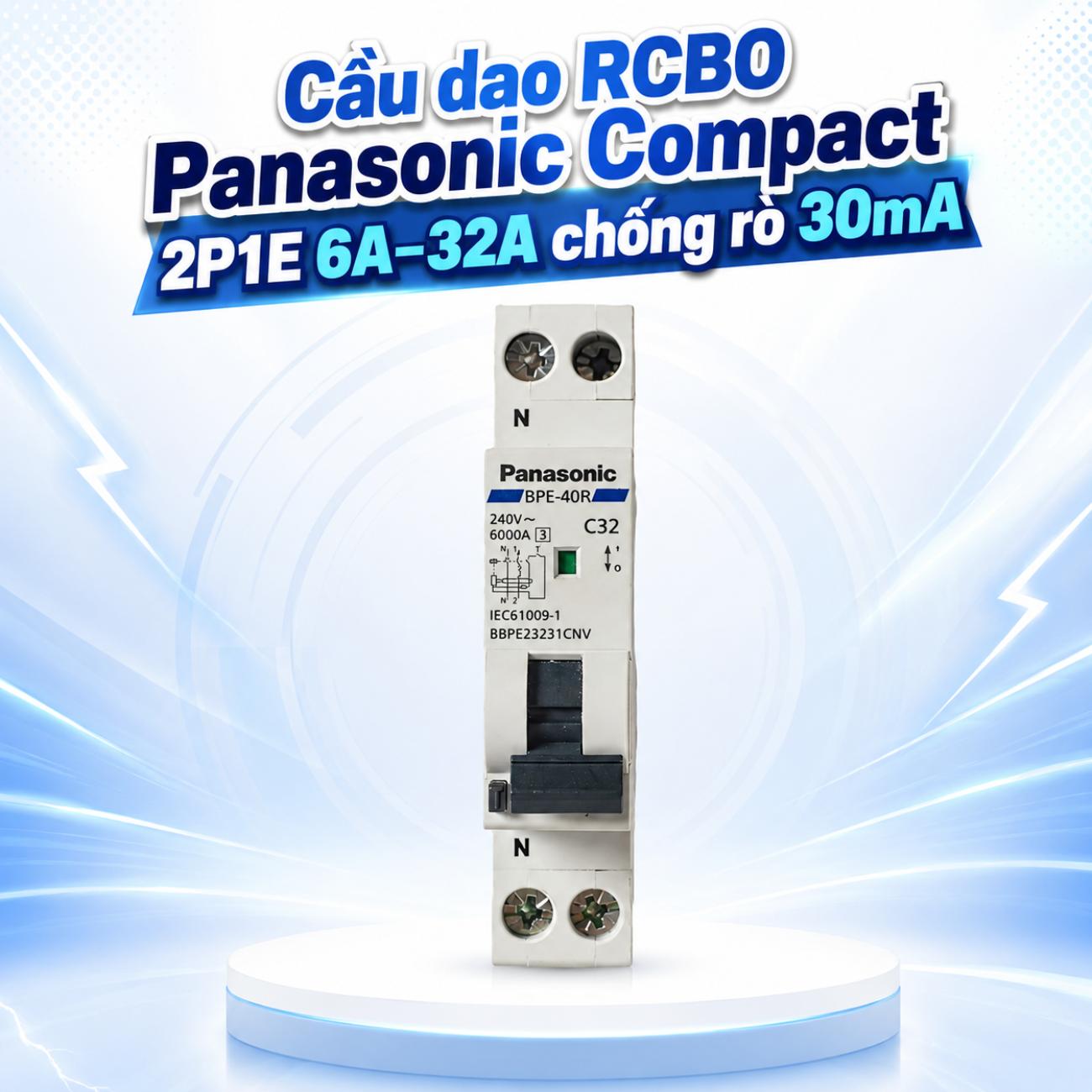 Cầu dao RCBO Panasonic Compact 2P1E 6A–32A chống rò 30mA