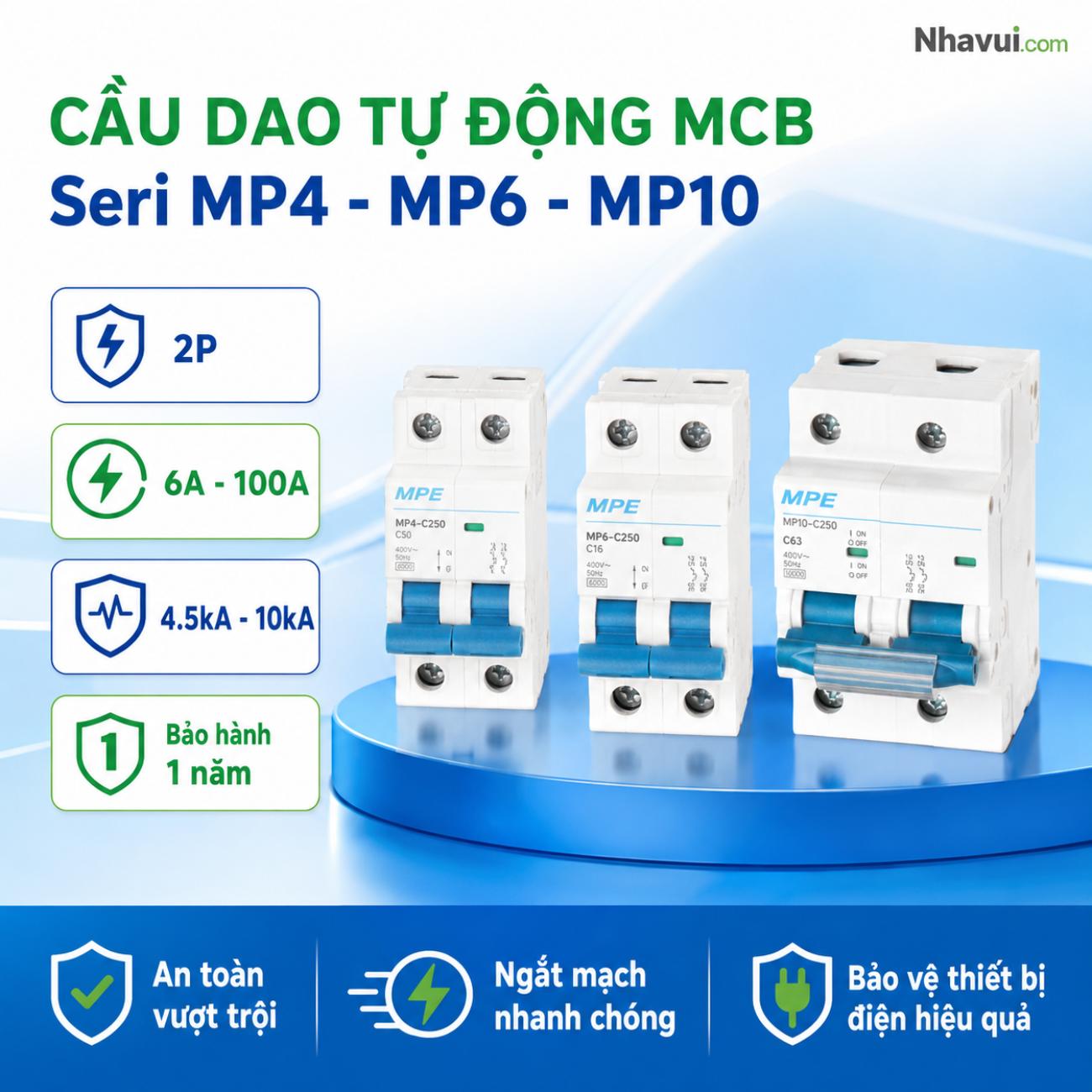 Cầu dao tự động MCB MPE Seri MP4 – MP6 – MP10 2P dòng định mức 6A–100A