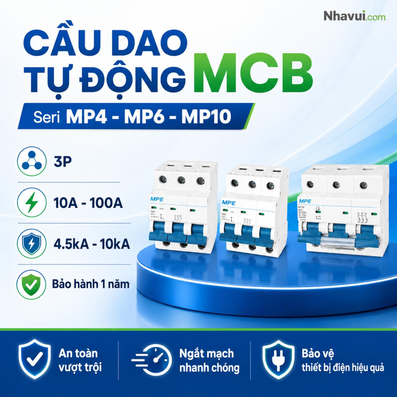 Cầu dao tự động MCB MPE Seri MP4 – MP6 – MP10 3P dòng định mức 10A–100A