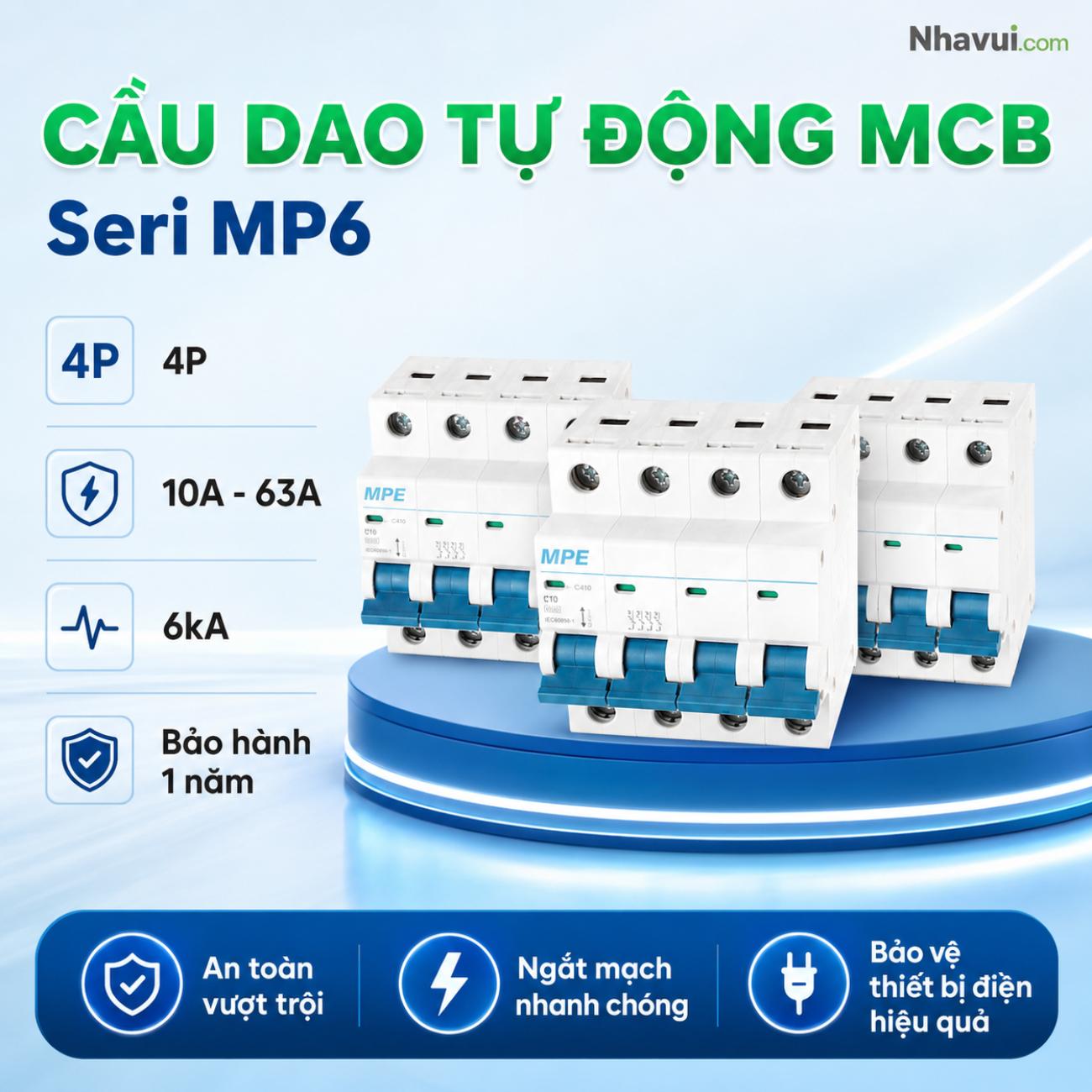Cầu dao tự động MCB MPE Seri MP6 4P dòng định mức 10A–63A