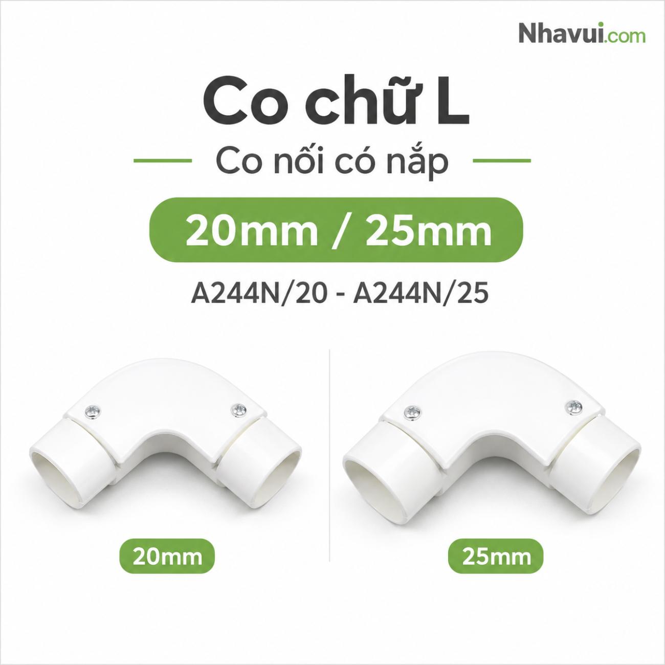 Co chữ L co nối có nắp dùng cho ống 320N, 750N A244N đường kính Ø20–Ø25