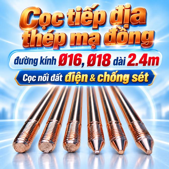 Cọc tiếp địa thép mạ đồng Ø16, Ø18 dài 2.4m