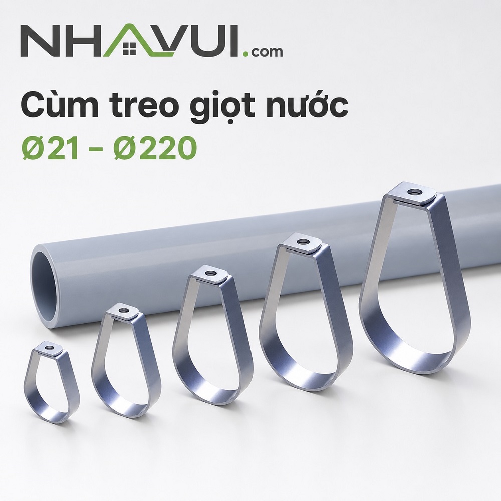 Cùm treo giọt nước Ø21–Ø220 chất liệu thép xi mạ, inox 201, inox 304