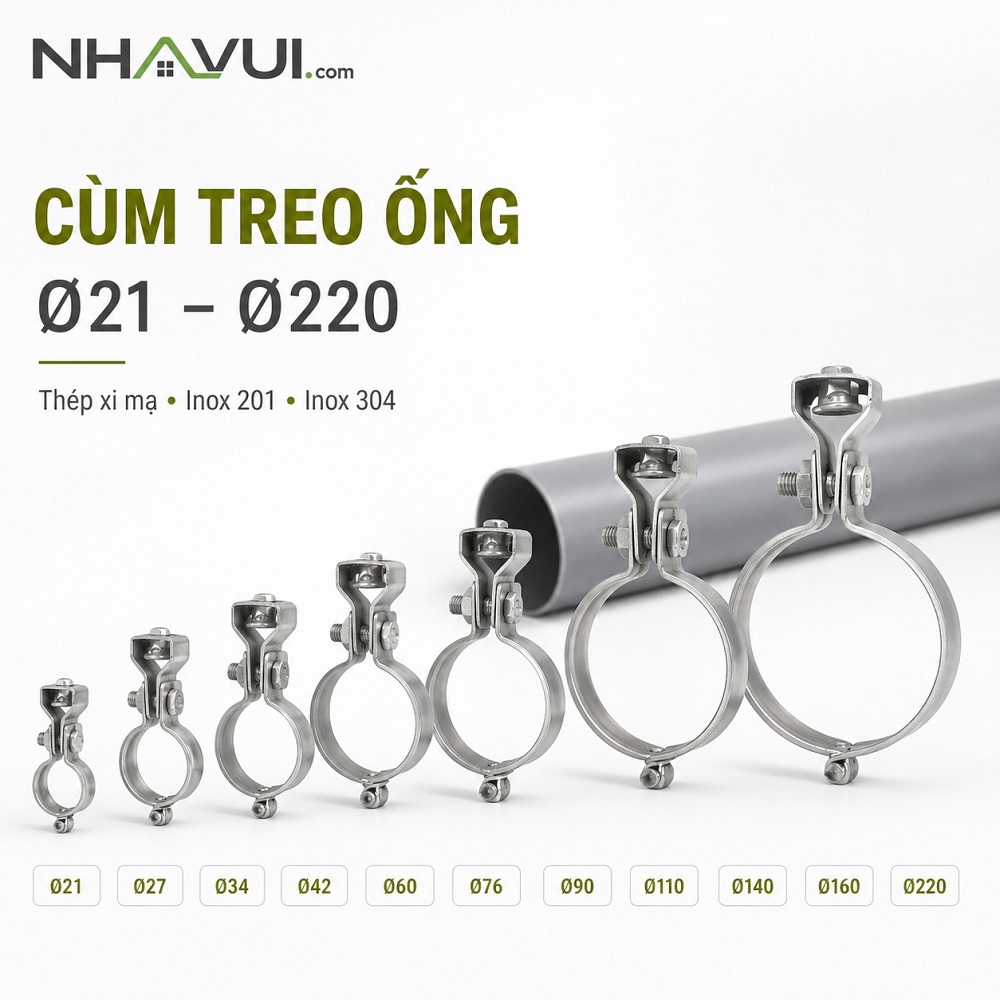 Cùm treo ống Ø21–Ø220 chất liệu thép xi mạ, inox 201, inox 304