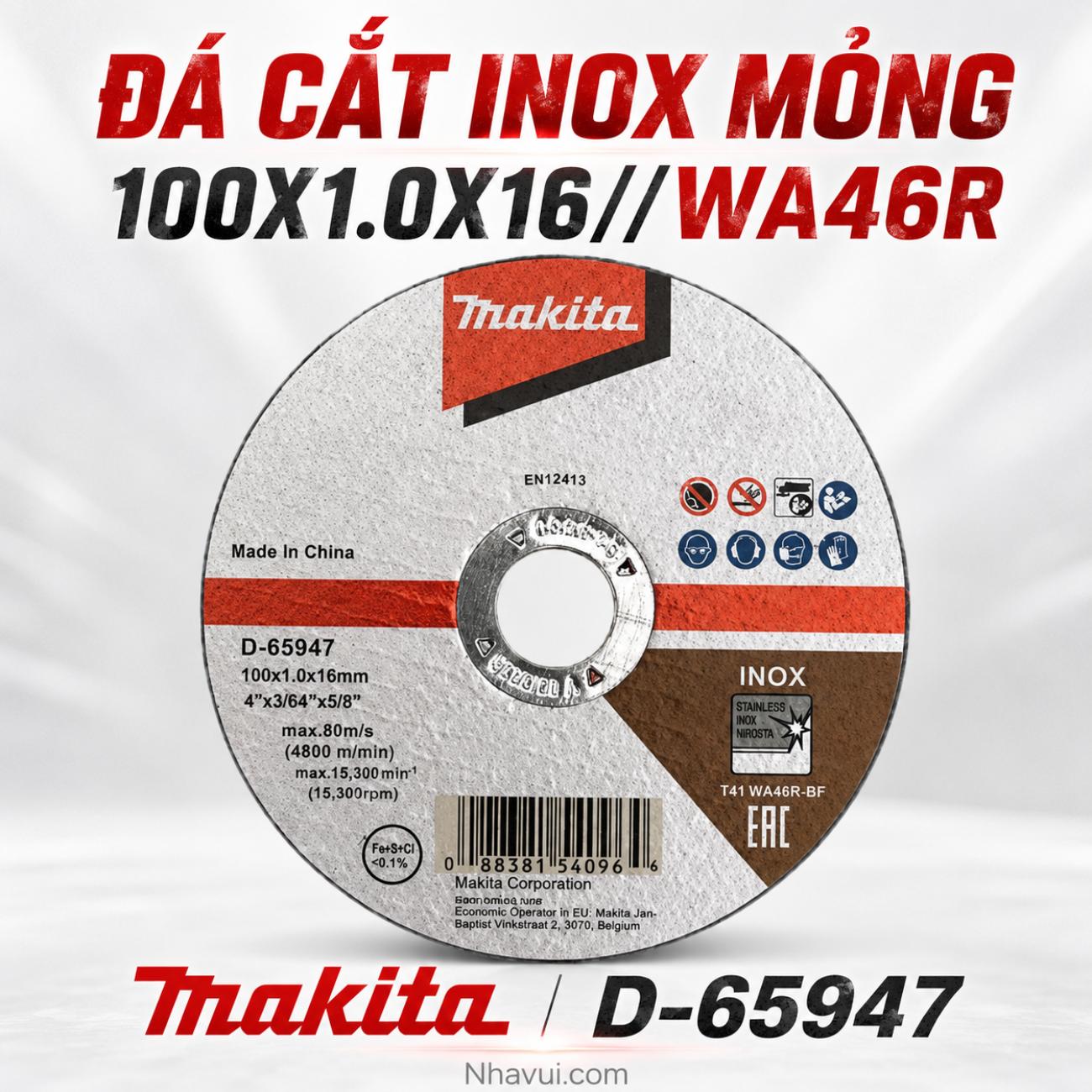 Đá cắt inox mỏng Makita D-65947 100x1.0x16mm WA46R