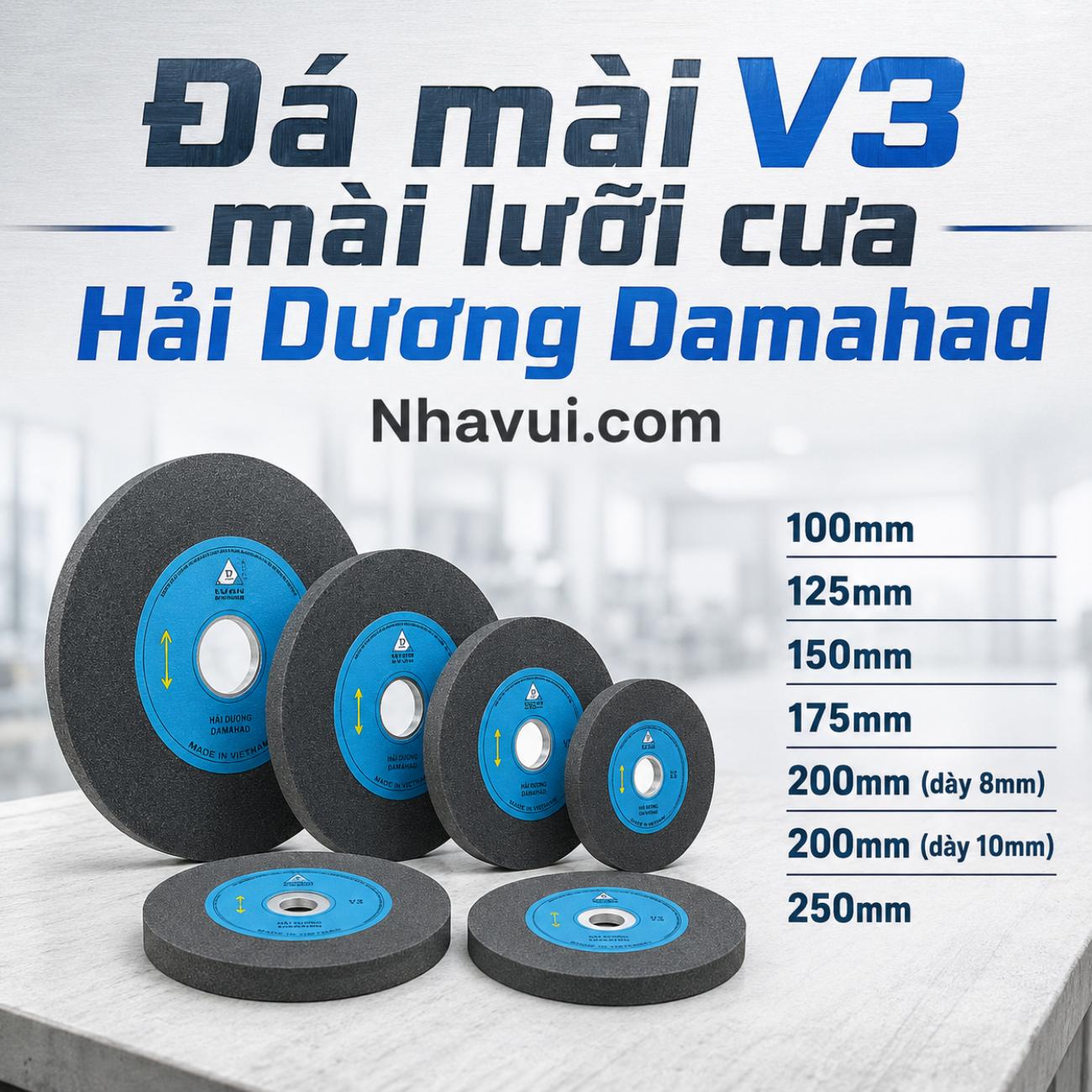 Đá mài V3 mài lưỡi cưa Hải Dương Damahad 100mm, 125mm, 150mm, 175mm, 200mm (dày 8mm), 200mm (dày 10mm), 250mm