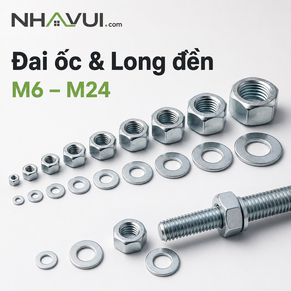 Đai ốc & Long đền M6–M24 chất liệu thép xi mạ, inox 201, inox 304
