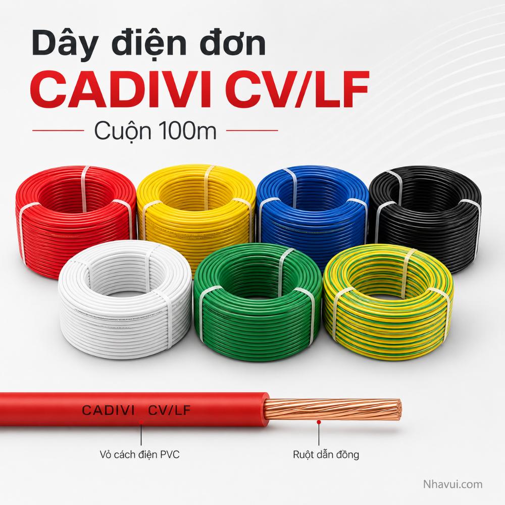 Dây điện đơn CADIVI CV/LF ruột đồng cách điện PVC không chì 75°C 0.6/1kV cuộn 100m