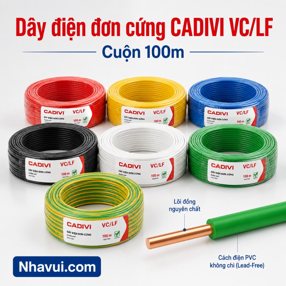 Dây điện đơn cứng CADIVI VC/LF ruột đồng cách điện PVC không chì 70°C cuộn 100m
