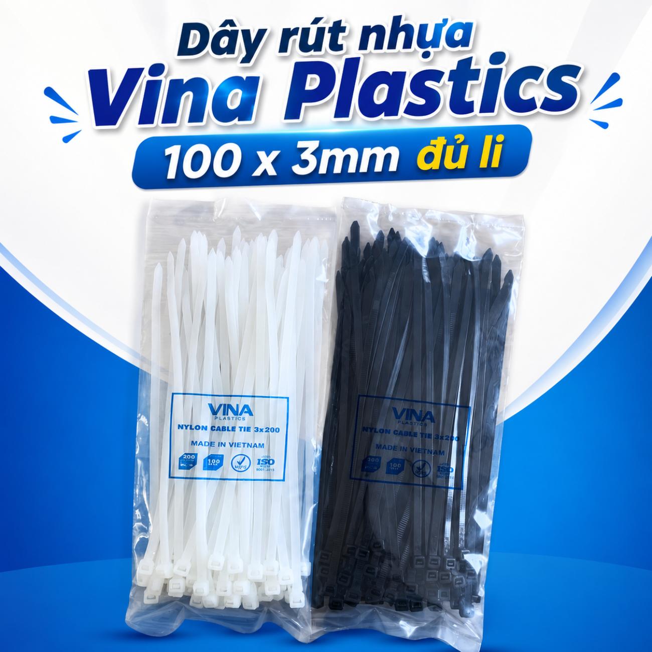 Dây rút nhựa Vina Plastics 100 x 3mm đủ li màu trắng đen, bản rộng 2,5mm