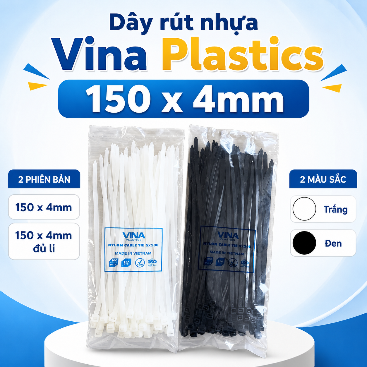 Dây rút nhựa Vina Plastics 150 x 4mm màu trắng đen, bản rộng 2,6mm và 3,5mm