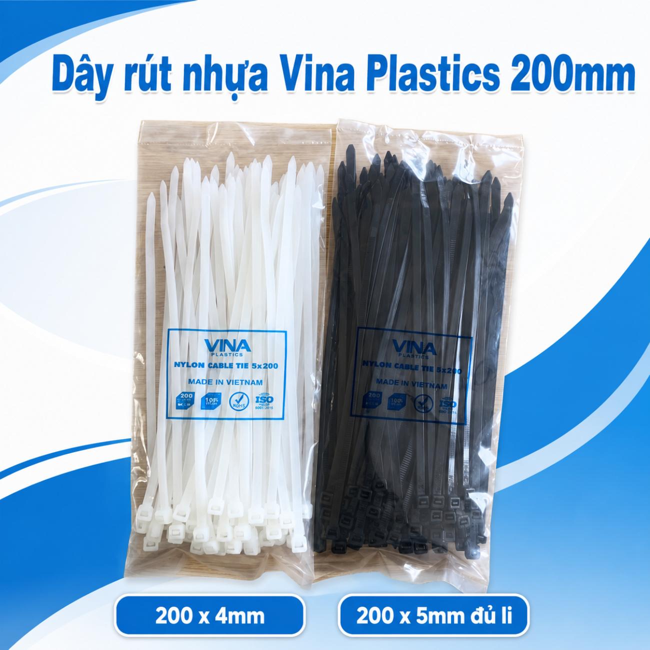 Dây rút nhựa Vina Plastics 200 x 4mm và 200 x 5mm màu trắng, bản rộng 2,6mm và 5mm