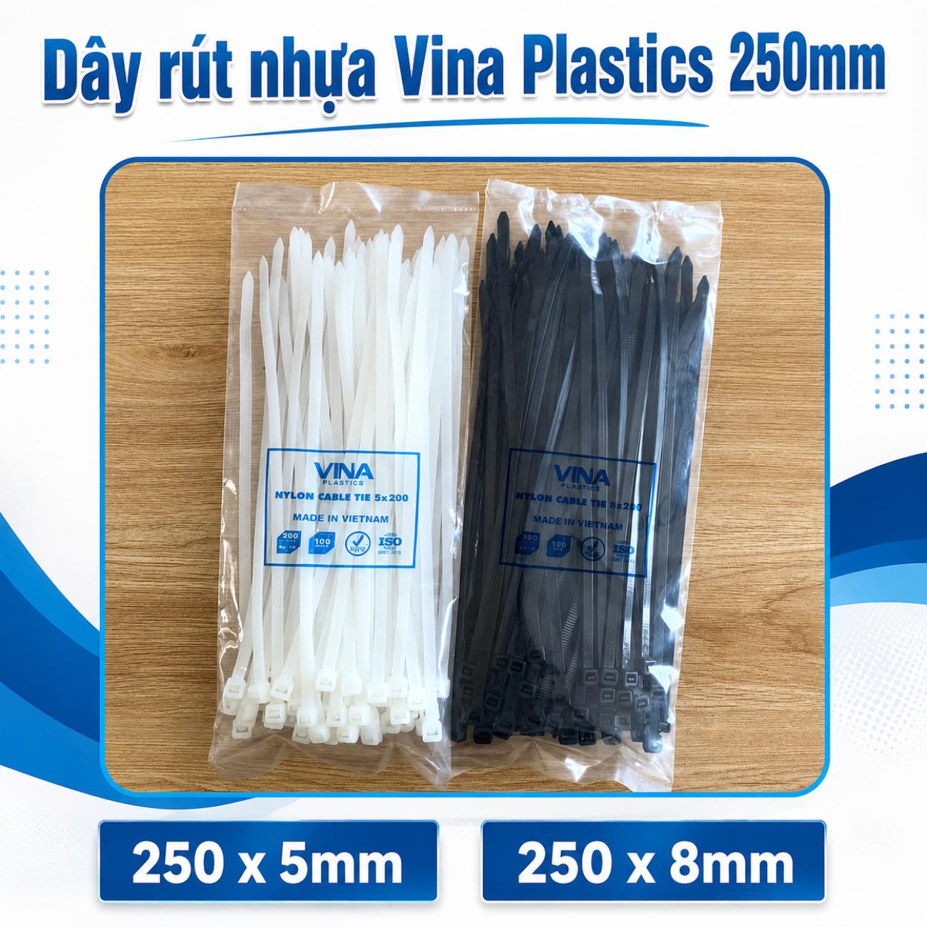 Dây rút nhựa Vina Plastics 250 x 5mm và 250 x 8mm màu trắng đen, bản rộng 3,3mm và 4,8mm