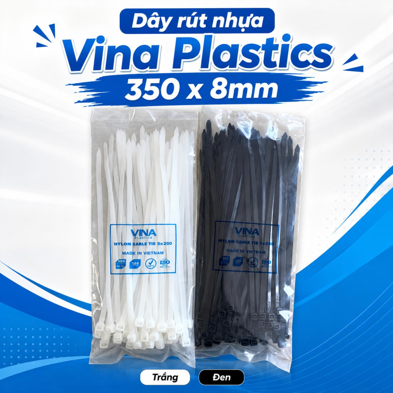 Dây rút nhựa Vina Plastics 350 x 8mm màu trắng đen, bản rộng 4,8mm