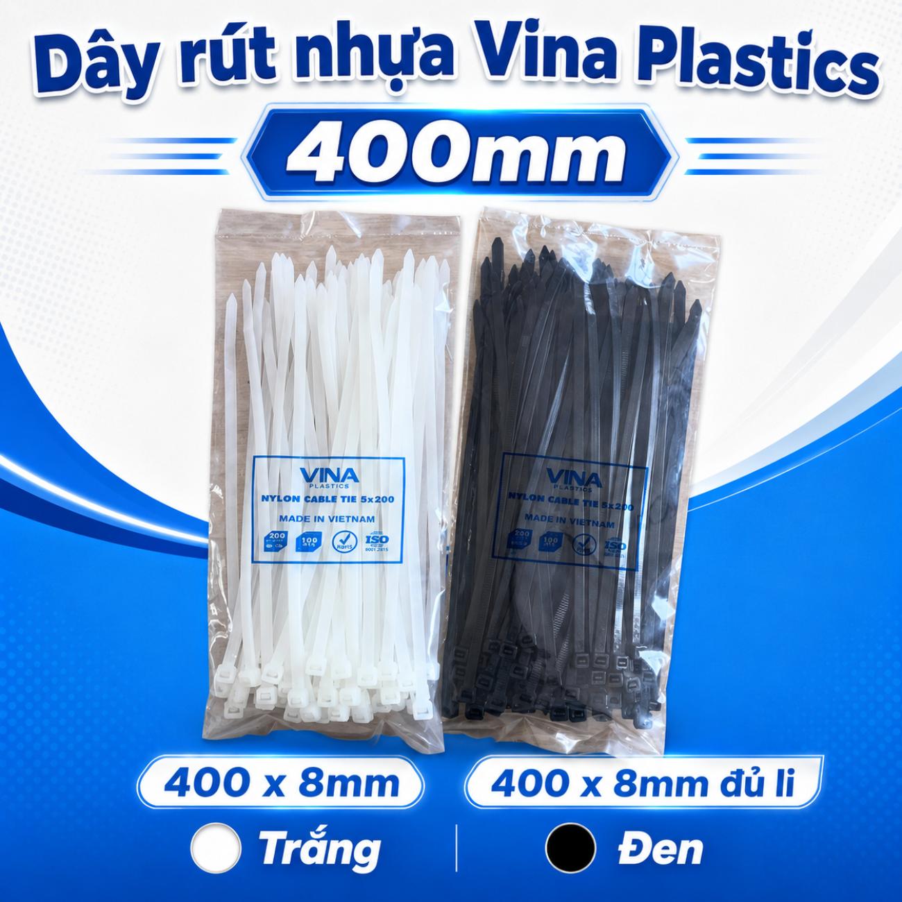 Dây rút nhựa Vina Plastics 400mm màu trắng đen, bản rộng 4,8mm và 7,6mm