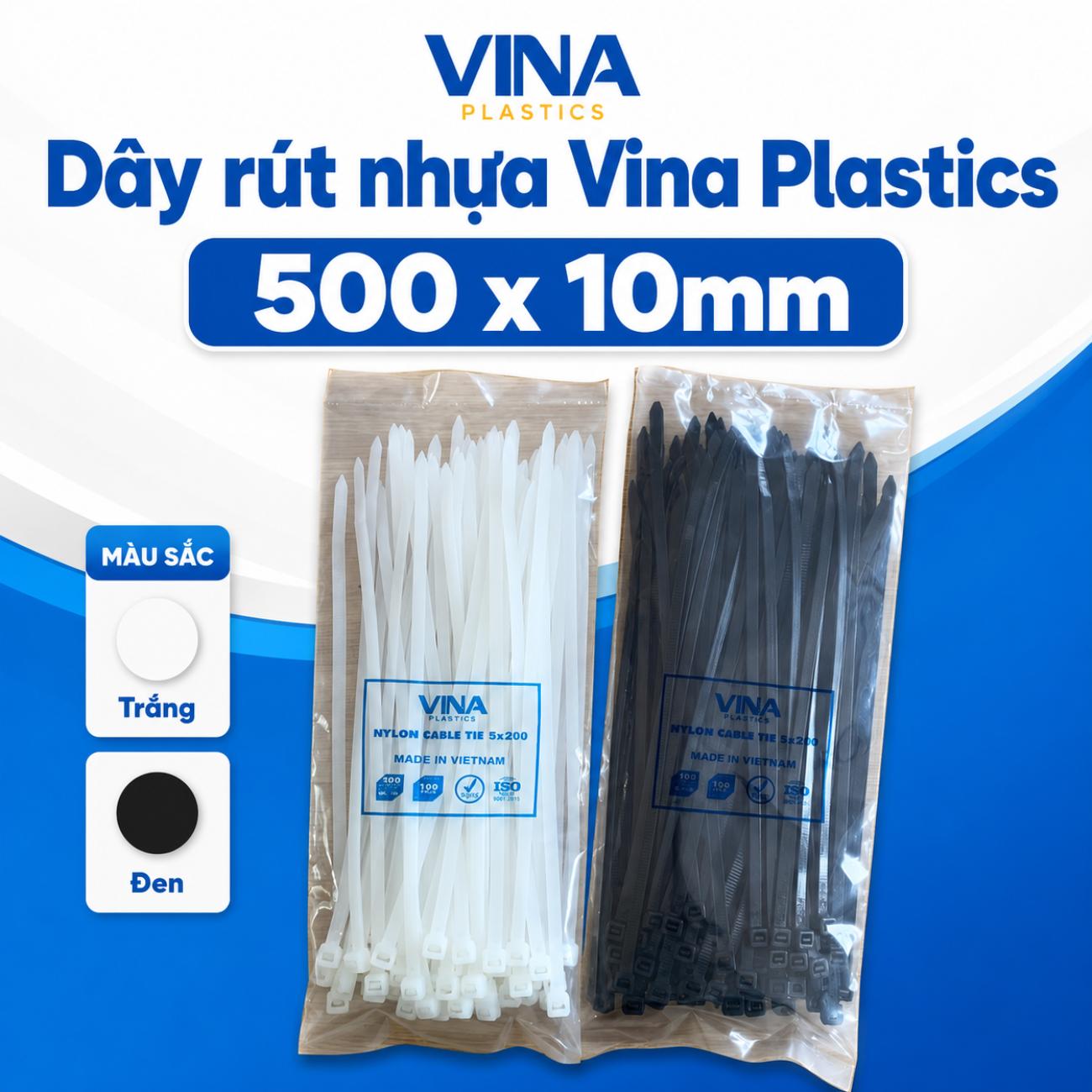 Dây rút nhựa Vina Plastics 500 x 10mm màu trắng đen, bản rộng 7,0mm