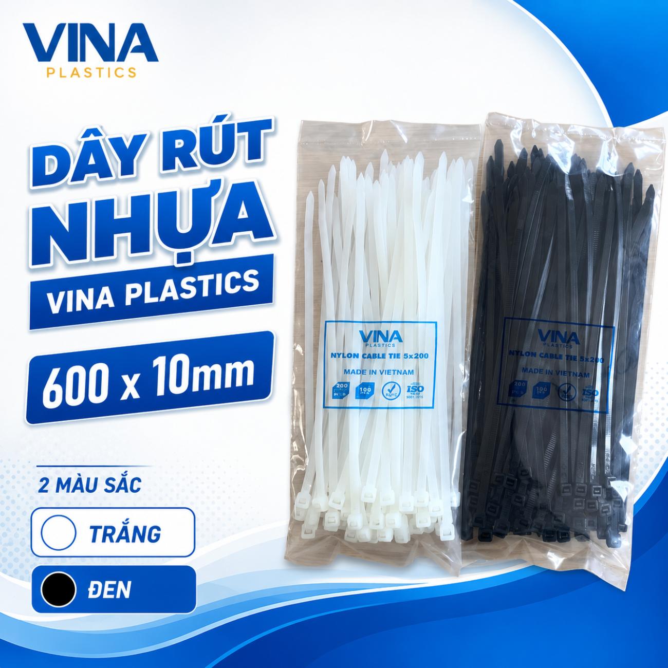 Dây rút nhựa Vina Plastics 600 x 10mm màu trắng đen, bản rộng 7,6mm