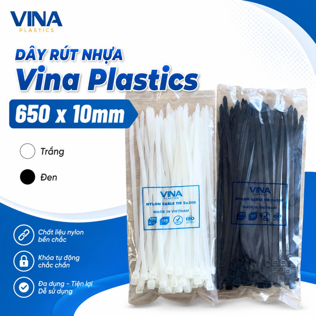 Dây rút nhựa Vina Plastics 650 x 10mm màu trắng đen, bản rộng 7,6mm