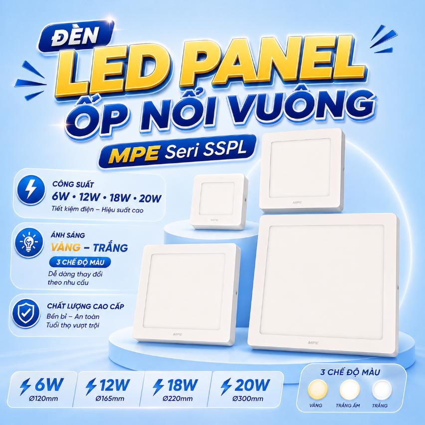 Đèn LED Panel ốp nổi vuông MPE Seri SSPL 6W 12W 18W 24W