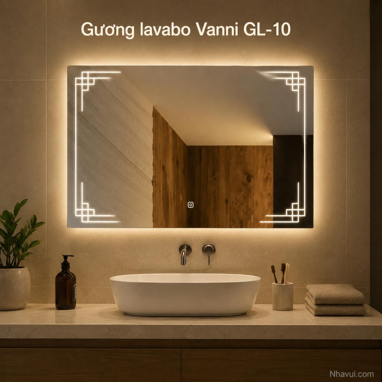 Gương lavabo LED Vanni GL-10 60x80cm chữ nhật họa tiết góc cảm ứng
