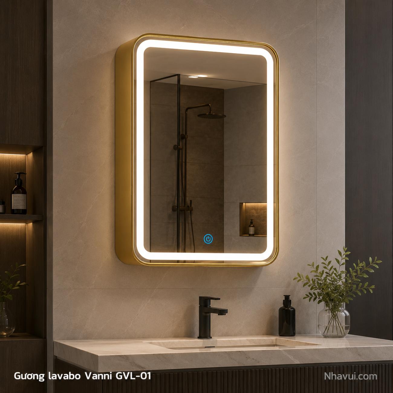 Gương lavabo LED Vanni GVL-01 – GVL-02 50x70cm viền inox có tủ